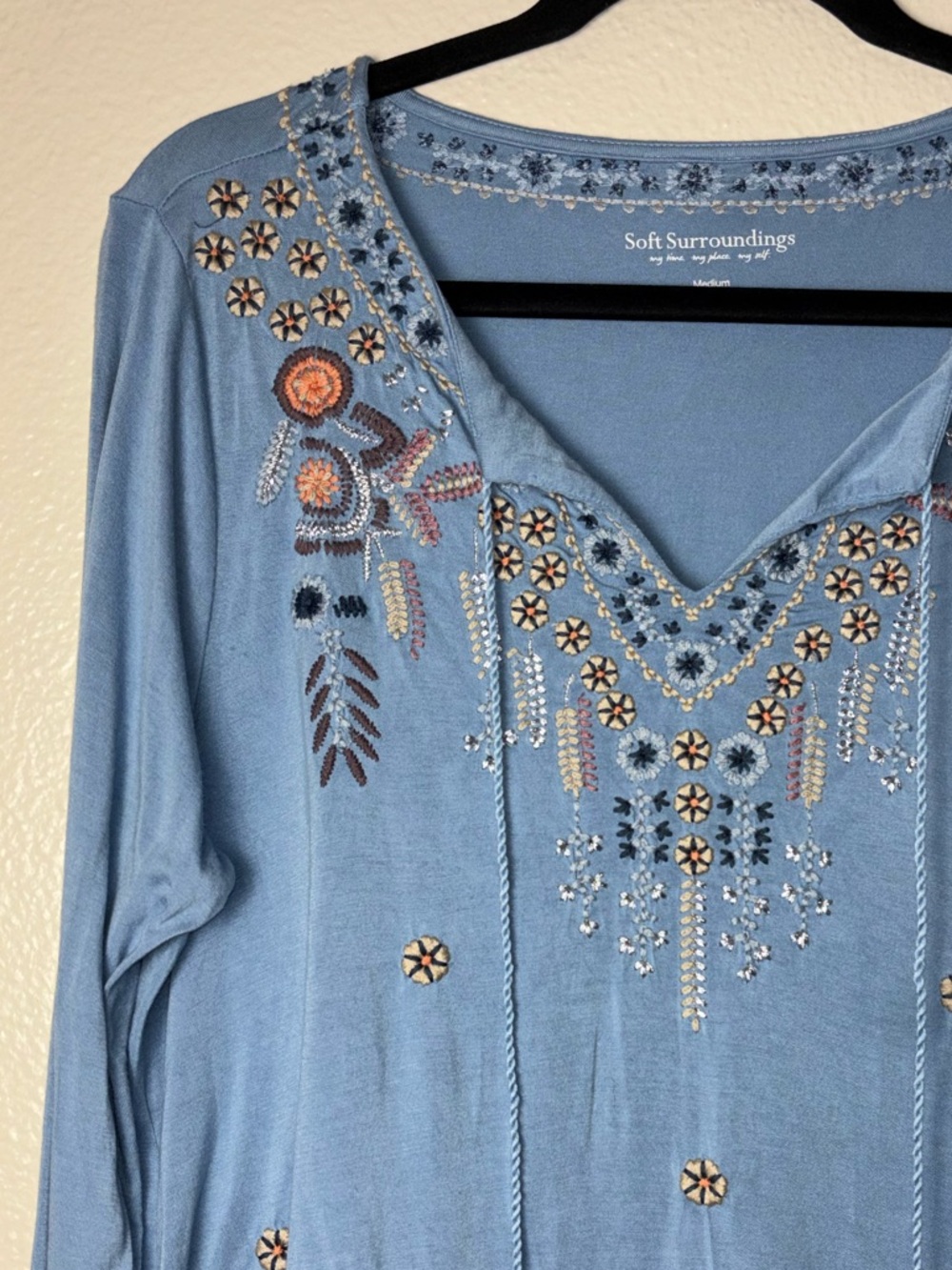 Soft surroundings embroidered long sleeve top with tassels -Blue Women's Medium - Picture 6 of 15